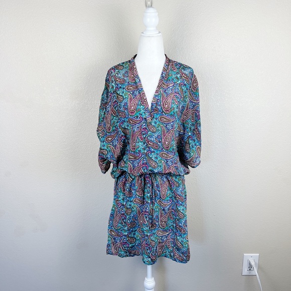 Tolani Paisley Print  Teal Tassel Silk Mini Dress Cover Up - Picture 2 of 9